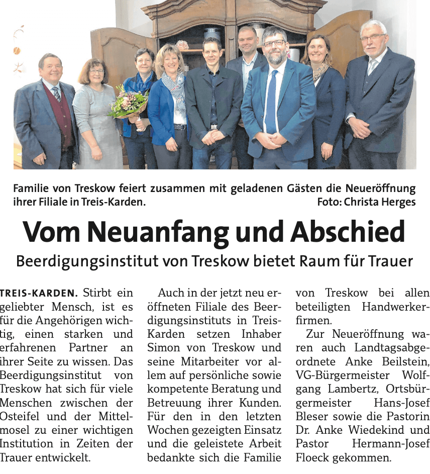 Bericht in der Zeitung über das Beerdigungsinstitut von Treskow